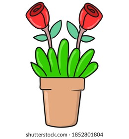 potted rose plants. vector illustration of cartoon doodle sticker draw