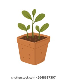 Potted seedling with green leaves in terracotta pot, flat hand-drawn vector, earthy colors, minimal texture. Perfect for eco projects, gardening blogs, stickers, planners, education, digital and print