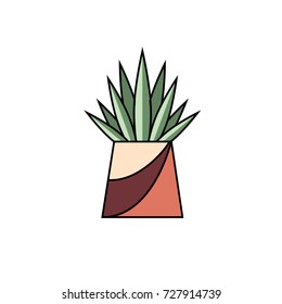 Potted succulent on white isolated background. House plant with sword shaped leaves in line flat style. Vector illustration of indoor flower in pot for interior design concepts.