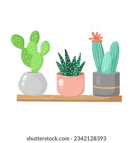 Ilustración vectorial de plantas suculentas potentadas. Suculentos de color pastel y cactus en macetas estampados sobre fondo blanco. Planta Potentada, suculento concepto interior