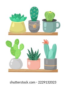 Potted succulent plants vector illustrations set. Pastel-coloured succulents and cacti in pots standing on shelves on white background. Potted Plant, succulent, interior concept