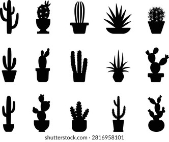 Potted Succulent Silhouette Pack – Vector Grid of Stylish Indoor Plants Featuring Varied Cactus Shapes in Minimalist Black Designs