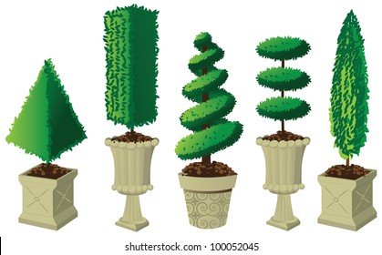 Potted Topiary Collection EPS 8 Vector, Grouped For Easy Editing No Open Shapes Or Paths.