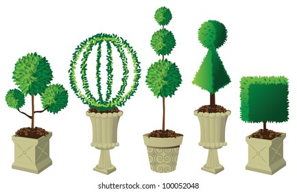 Potted Topiary Collection EPS 8 Vector, Grouped For Easy Editing No Open Shapes Or Paths.