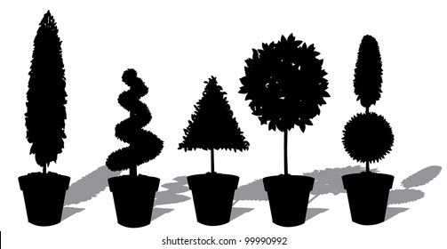 Potted Topiary Silhouette Collection Icon Symbol Set EPS 8 Vector, Grouped For Easy Editing.