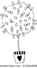 A potted tree. Spring Black and white doodle illustration.