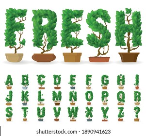 Potted tree vector alphabet of letters made from green leaves. Green leaf fresh spring foliage summer typeset.