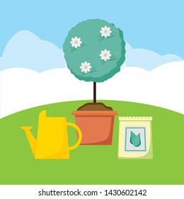 potted tree watering can soil sack plants decoration gardening flat design vector illustration