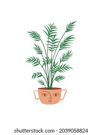 Potted tropical house plant vector icon. Areca palm indoor plant with beautiful foliage. Houseplant growing in pot, interior decor. Colored flat isolated illustration.