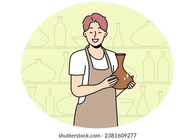 Potter in apron holds jug made by himself. Happy guy shows ceramic vase in pottery workshop. Man creates clayware, earthenware crockery, stoneware. Vector outline colorful illustration.