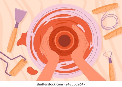 Potter ceramic modeling process. Ceramics studio potter hands work with potter's wheel top view flat vector illustration. Handmade and hand crafting crockery
