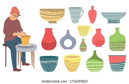 Potter character make kitchenware, bowl and jar set. Rustic ornamental plate, man doing ceramic dish, colorful tableware, ewer symbol, utensil object, hobby vector