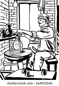 the potter does a jug on a potter's wheel. drawing ink on paper