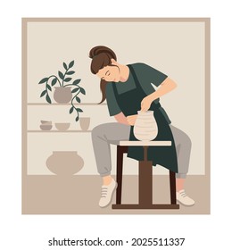 Potter girl. A woman sculpts a clay vase behind a potter's wheel. Vector illustration of a sculptor. The artist creates a ceramic. DIY craft.