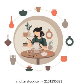 Potter girl. A woman sculpts a clay vase behind a potter's wheel. Vector illustration of a sculptor. The artist creates a ceramic. DIY craft.