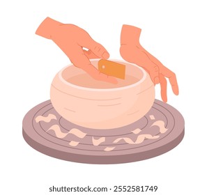 Potter hands create earthenware. Ceramic studio potter modeling clay vase, pottery workshop process on pottery wheel flat vector illustration. Hands making pot