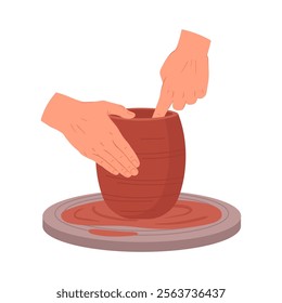 Potter hands create vase. Ceramic studio potter modeling clay vase on potters wheel, hands making pot flat vector illustration. Pottery workshop process