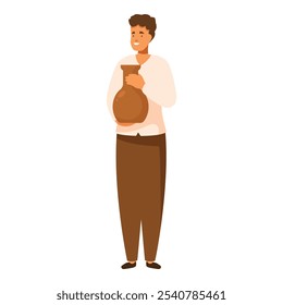 Potter is holding a large earthenware pot, smiling happily at the success of his work