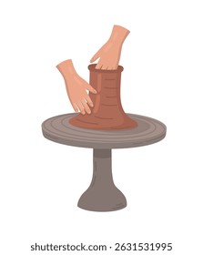 Potter makes a clay pot on a potter is wheel, vector illustration.Manual production of a pot from clay material on a potter is wheel. Cartoon-style illustration for hobby pottery craft. Vector illustr