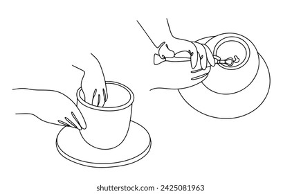 A potter makes a pot out of clay and shapes the bottom using a tool. Production of pottery. International Craft Day. Vector. Images produced without the use of any form of AI software at any stage. 