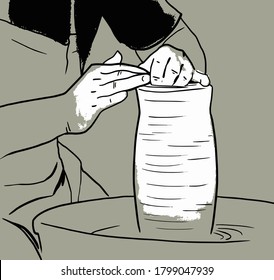A potter makes a vase from clay on a potter's wheel. Vector sketch.