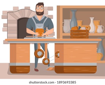 Potter man making ceramic pot from clay in pottery workshop. Artist person working on wheel. Pottery craft hobby vector illustration