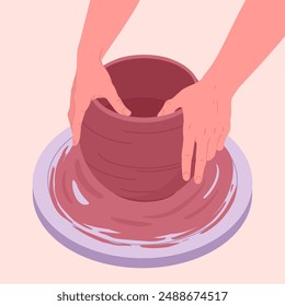 Potter modeling vase. Ceramic studio potter hands, person work with potters wheel flat vector illustration. Hand crafting crockery