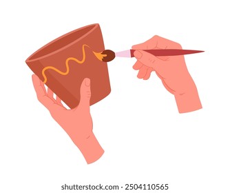 Potter paints pot. Potters hands create ceramic piece, earthenware potters hands flat vector illustration. Pottery workshop process