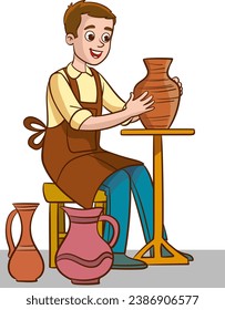 Potter working on a pottery wheel. Vector cartoon illustration.