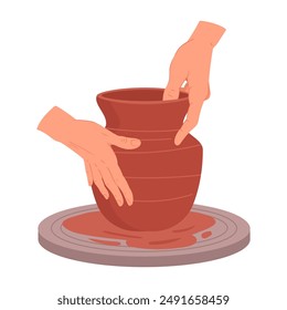 Potters hands create vase on potters wheel. Ceramic studio potter modeling clay vase, hands making pot flat vector illustration. Pottery workshop process