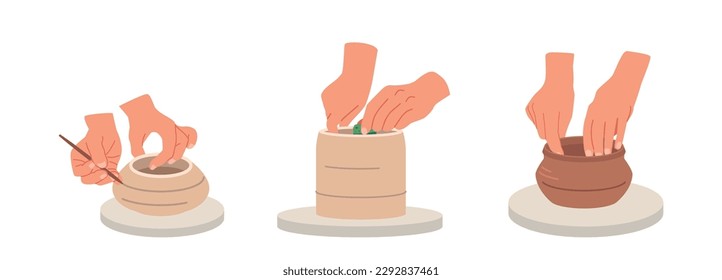 Potter's Hands Gently Shape The Clay, Transforming It Into A Unique And Beautiful Creation, Cartoon Vector Illustration