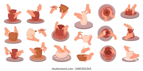 Potters hands. Hand crafting crockery, ceramics studio potters hands work with clay, potter's wheel and ceramic modeling process flat vector illustration set. Pottery workshop, handmade and hobby scen