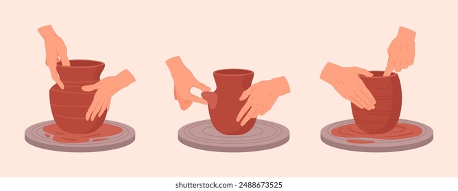 Potters hands making pots. Pottery workshop process, hands create earthenware on potters wheel flat vector illustration set. Ceramic studio potters modeling clay vases