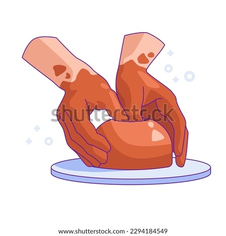 Potter's hands at work. Terracotta clay dishes. Forming pot on potter's wheel. Vector illustration. Craftsman potter making of clay product on the potter's wheel circle in workshop