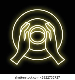 Potter's hands working with clay on a spinning wheel in a glowing yellow neon illustration