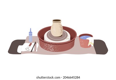 Potter's wheel with clay pot and tools around. Workplace with ceramic vase and equipment in workshop for pottery handicraft. Earthenware crockery. Flat vector illustration isolated on white background