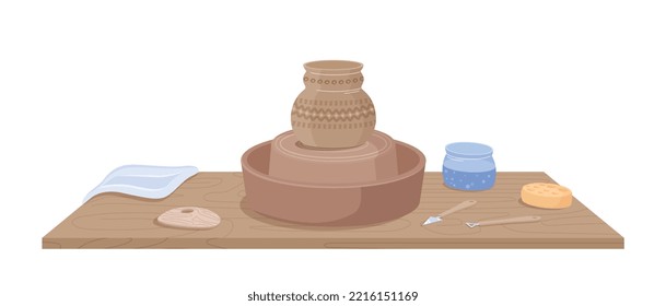 Potters wheel concept. Clay handmade, creativity and needlework. Poster or banner for website. Culture and traditions, art. Ancient vase with unusual patterns. Cartoon flat vector illustration