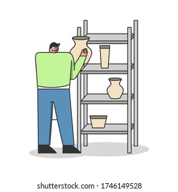 Pottery artist placing clay jar on cupboard with handmade production. Potter and ceramic workshop concept. Male craftsman, earthenware production. Cartoon vector illustration