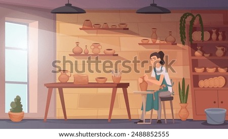 Pottery background. Plates scoop spoon workshop for clay utensils production exact vector template in flat style