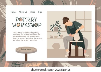 Pottery banner, website template, web page, landing page. Design for website and mobile site. Pottery school, ceramics courses, master class, workshop. Vector layout.