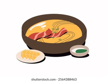 Pottery bowl of soup with bacon and plates of spicy sauce and lemon slices. Tasty meal of Asian cuisine. Chinese eating, food in dishes for lunch. Flat isolated vector illustration on white background