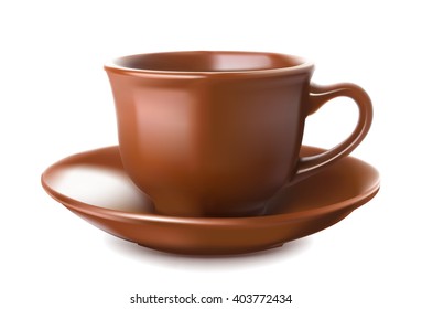 Pottery brown coffee set with mug and saucer.