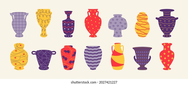 Pottery. Cartoon antic vase and vessel of ceramic, interior design decoration with ornaments and symbols. Vector ancient jugs and pots set