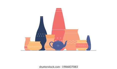 Pottery and ceramic bowl, jug and vase composition isolated on white background. Clay crockery dishes collection, flat vector illustration of cartoon dishware