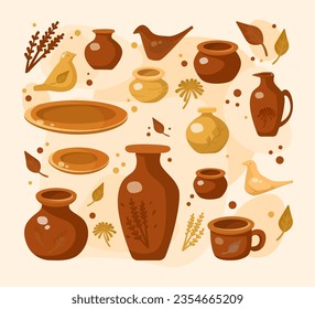 Pottery and ceramic products vector illustration. Handmade vases, bowls, cups, plates and crockery with herbal ornament for home decoration. Craft work, hobby, tableware concept