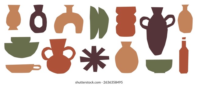 Pottery ceramic vase silhouette shapes collection vector illustration isolated on white background.