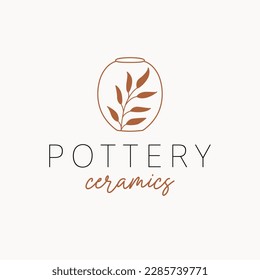 Pottery ceramics logo design. Vase and branch vector logotype. Bohemian pottery logo template.