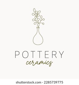 Pottery ceramics logo design. Vase and branch vector logotype. Bohemian pottery logo template.