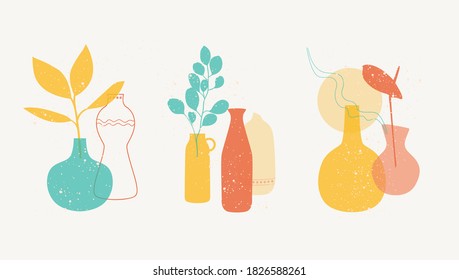 Pottery Ceramics Logo vector graphic elements. Contemporary art posters with compositions of ceramics with flowers. Abstract still life set of different decorative ceramic and porcelain vases. Vector 