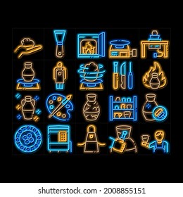 Pottery And Ceramics Neon Light Sign Vector. Glowing Bright Icon  Pottery Equipment And Kiln, Potter And Spatula, Vase And Plate, Paint And Roasting Illustrations